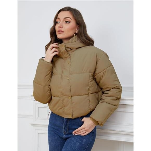 Womens Cropped Puffer Jacket Hooded Zip Up Brown - Picture 6 of 6